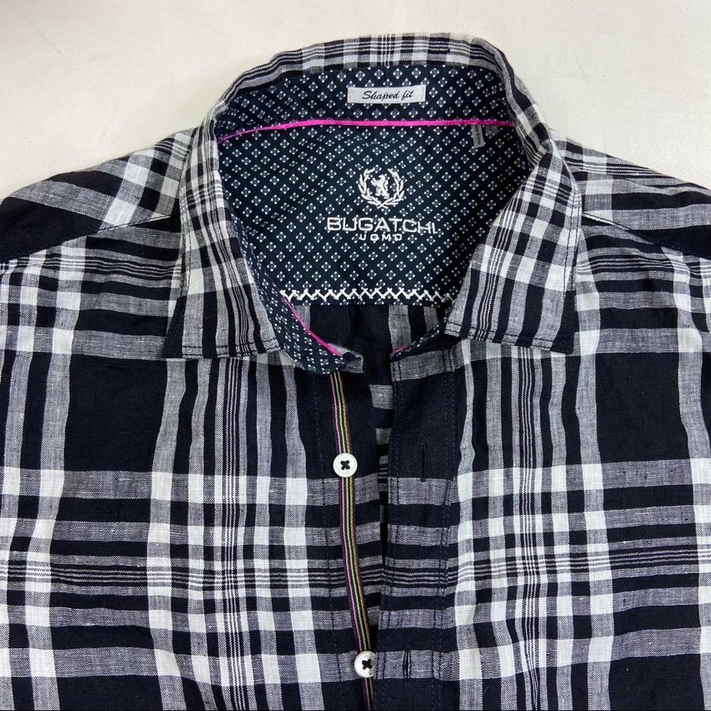 Bugatchi Uomo Blk & white plaid linen button down - Picture 2 of 7